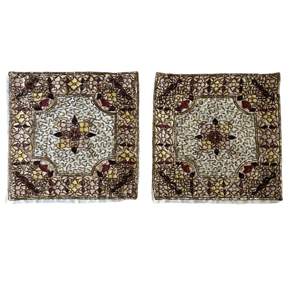 Sequin and Beaded Gold Decorative Pillow Case Set - Picture 2 of 6